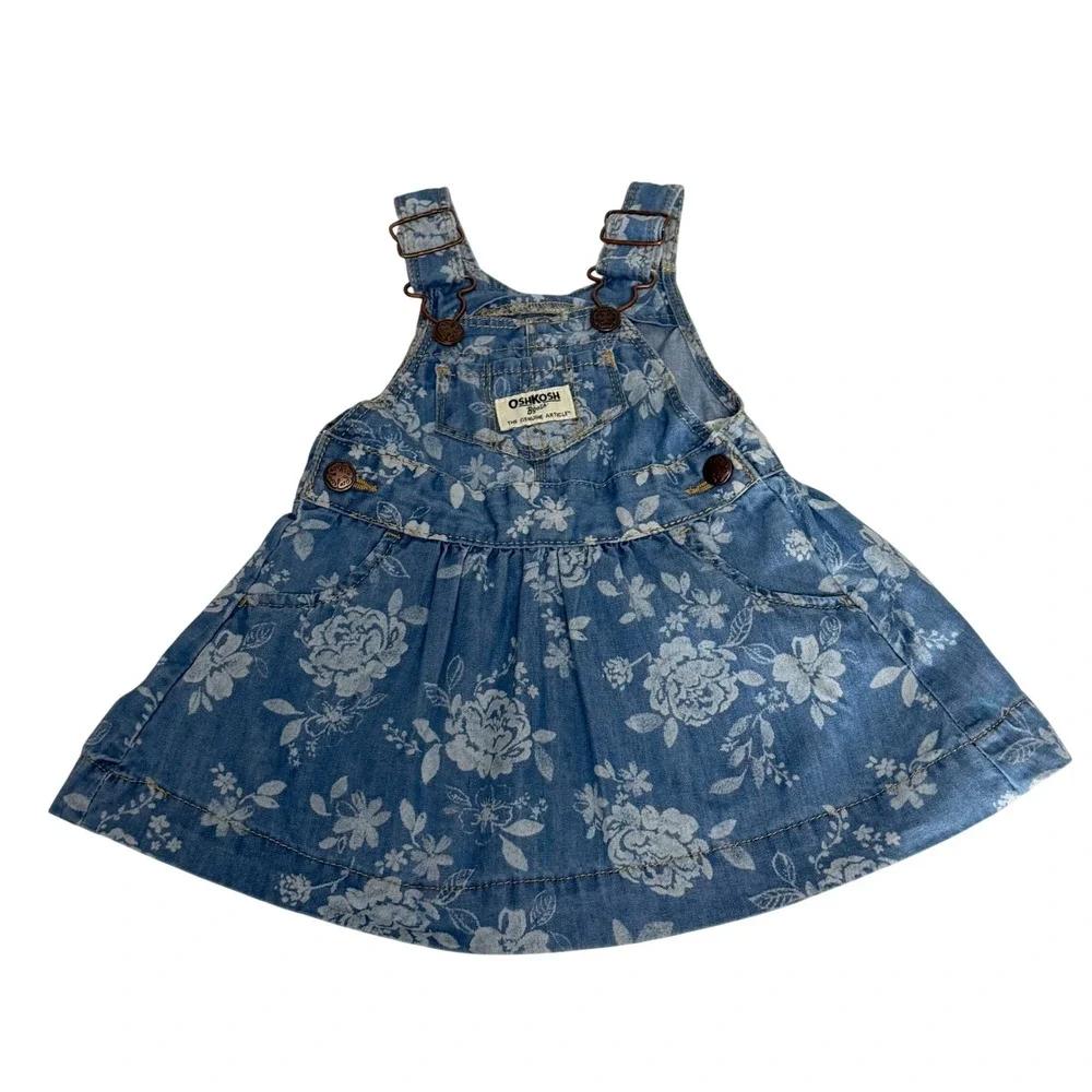 OshKosh Bgosh Baby Girls Blue Floral Denim Overall Dress Jumper Vestbak 6 Months